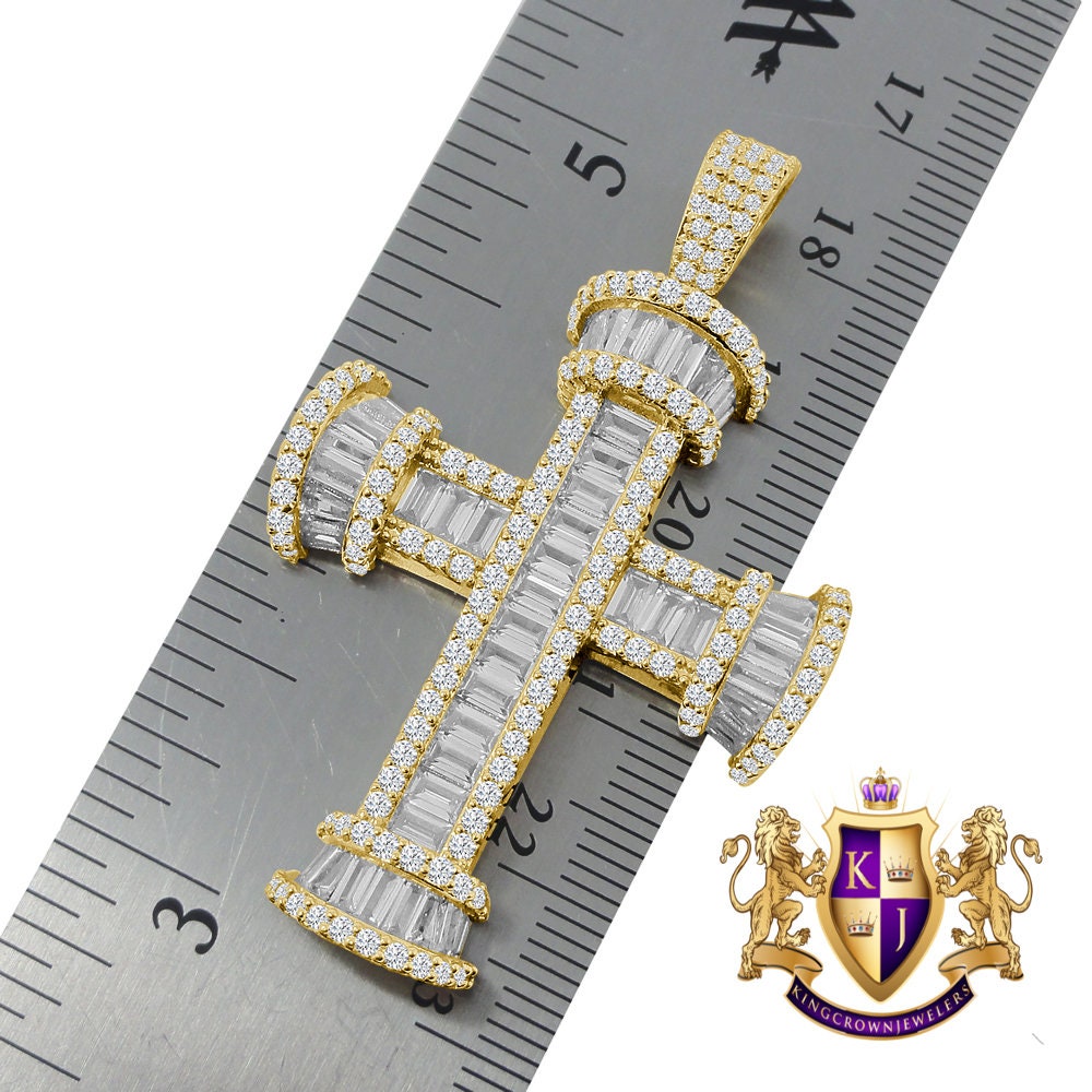 Genuine Sterling Silver Baguette 14K Gold Finish Simulated Diamond Holy Jesus Cross Charm Pendent Chain Set 2''