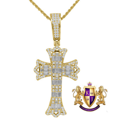 Men's Baguette 14K Gold Finish Simulated Diamond Jesus Cross Charm Pendent Rope Chain Set 2.5''