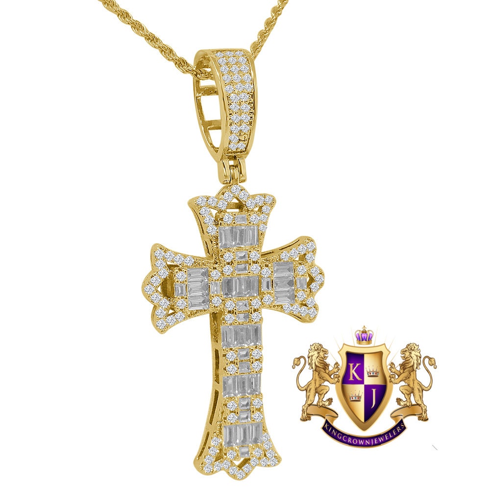 Men's Baguette 14K Gold Finish Simulated Diamond Jesus Cross Charm Pendent Rope Chain Set 2.5''