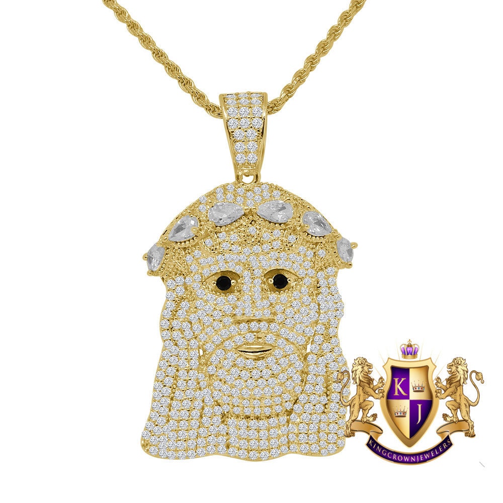 14K Gold Finish Simulated Diamond Holy Jesus Face Charm Pendent Chain Set 2''