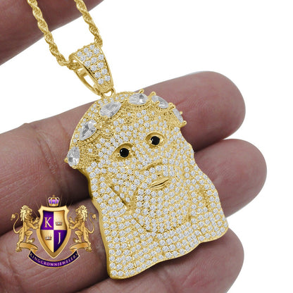 14K Gold Finish Simulated Diamond Holy Jesus Face Charm Pendent Chain Set 2''
