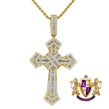 Baguette Yellow Gold Finish Simulated Diamond Holy Jesus Cross Charm Pendent Chain Set 2.5''