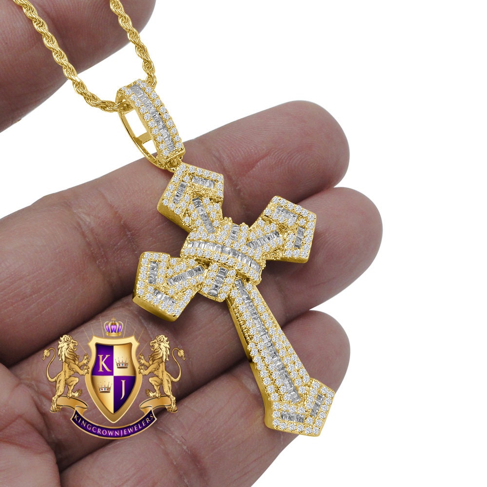 Baguette Yellow Gold Finish Simulated Diamond Holy Jesus Cross Charm Pendent Chain Set 2.5''