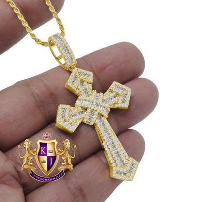 Baguette Yellow Gold Finish Simulated Diamond Holy Jesus Cross Charm Pendent Chain Set 2.5''
