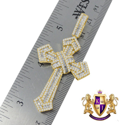 Baguette Yellow Gold Finish Simulated Diamond Holy Jesus Cross Charm Pendent Chain Set 2.5''