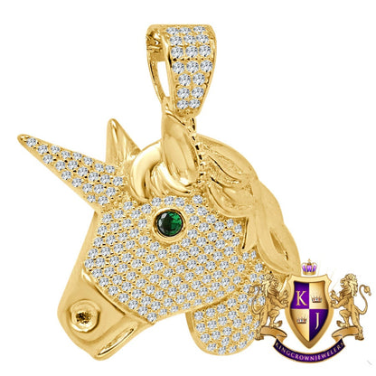 14K Gold Finish Simulated Diamond Emerald Green Eye Blessed Unicorn Lucky Pendant Charm
