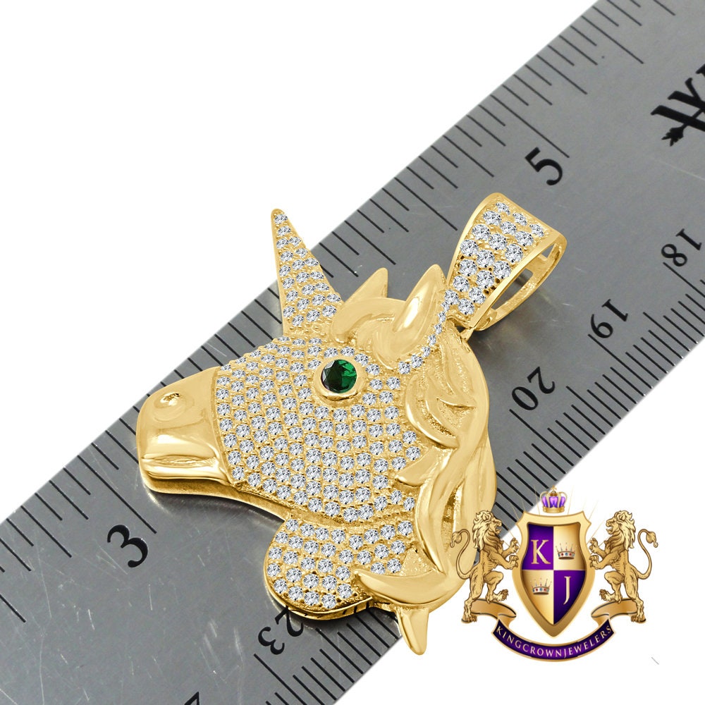 14K Gold Finish Simulated Diamond Emerald Green Eye Blessed Unicorn Lucky Pendant Charm