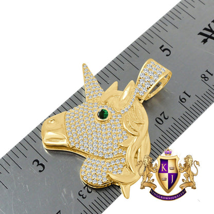 14K Gold Finish Simulated Diamond Emerald Green Eye Blessed Unicorn Lucky Pendant Charm