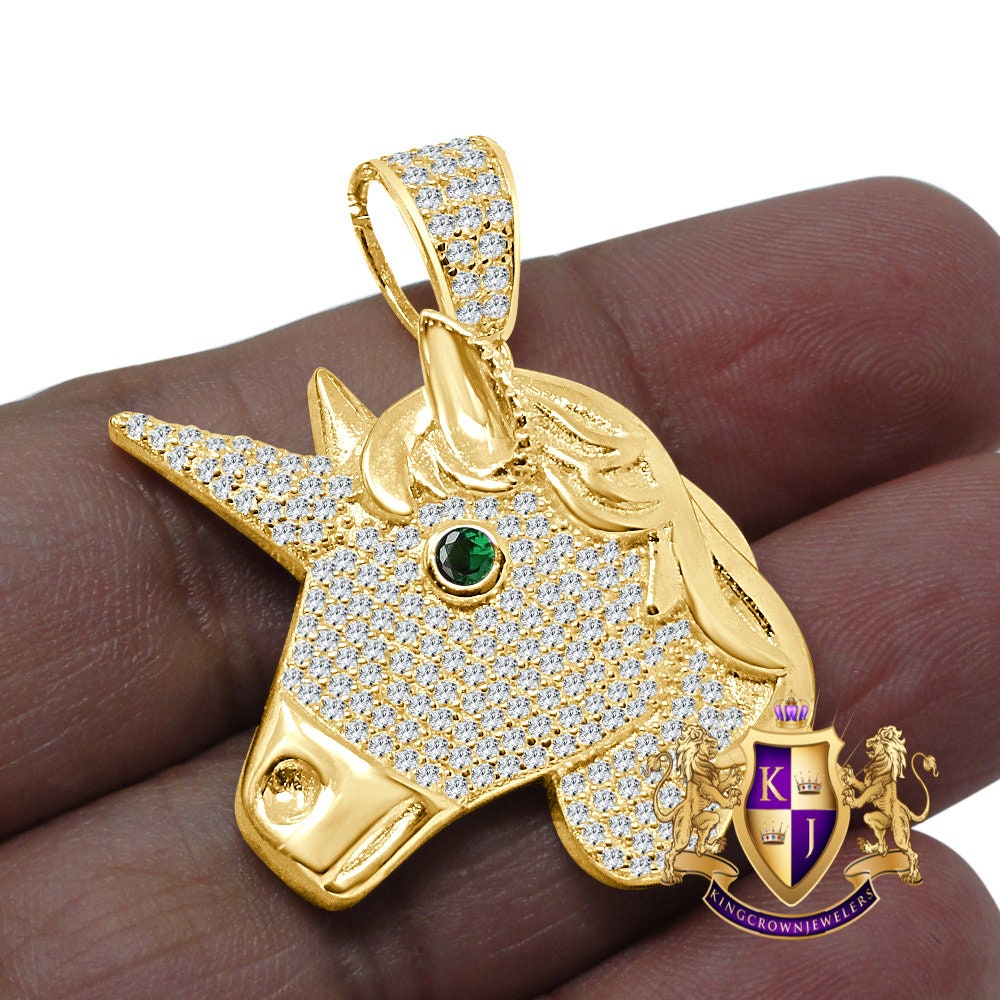 14K Gold Finish Simulated Diamond Emerald Green Eye Blessed Unicorn Lucky Pendant Charm
