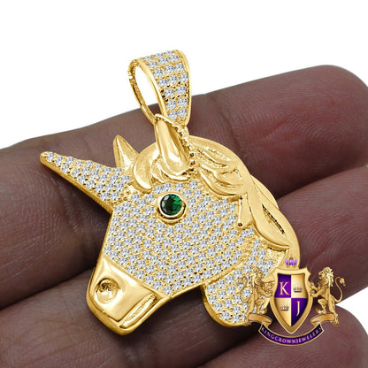 14K Gold Finish Simulated Diamond Emerald Green Eye Blessed Unicorn Lucky Pendant Charm