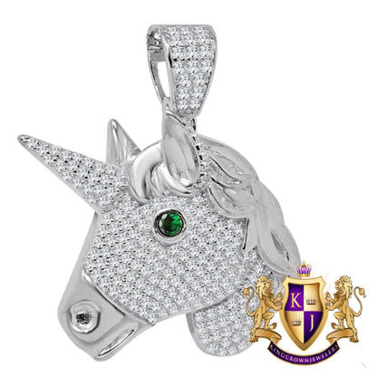 14K Gold Finish Simulated Diamond Emerald Green Eye Blessed Unicorn Lucky Pendant Charm