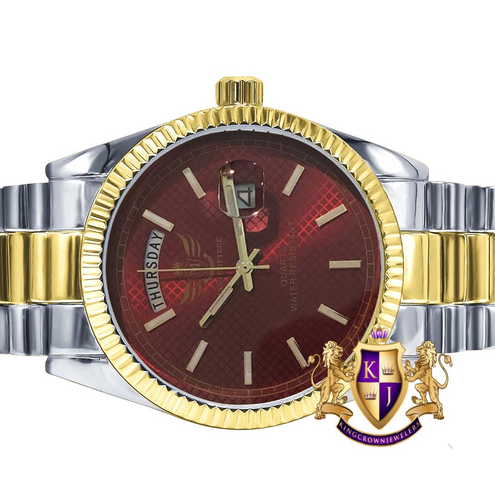 Mens 2 Tone Gold Red Ruby Dial Face Metal Band Day/Date Presidential Watch 45mm