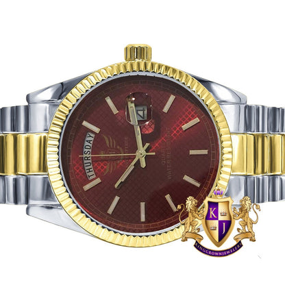 Mens 2 Tone Gold Red Ruby Dial Face Metal Band Day/Date Presidential Watch 45mm