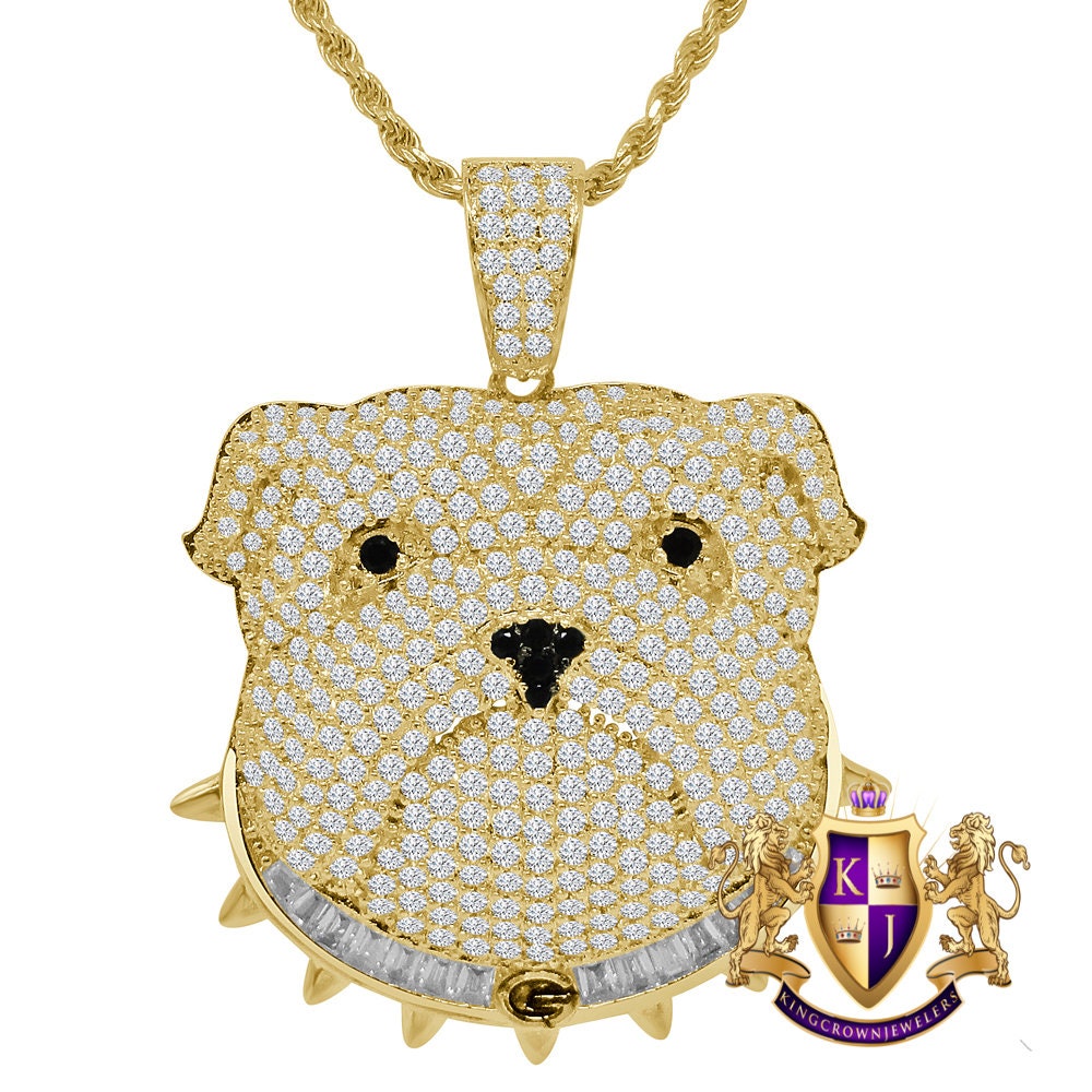 14K Gold Finish Simulated Diamond Bull Dog Custom Charm Animal Pendent Chain Set 1.75''