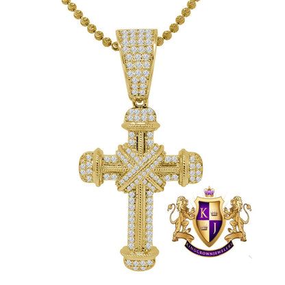 Real Genuine Sterling Silver 14K Gold Finish Simulated Diamond Holy Jesus Cross Charm Pendent Chain Set 2''