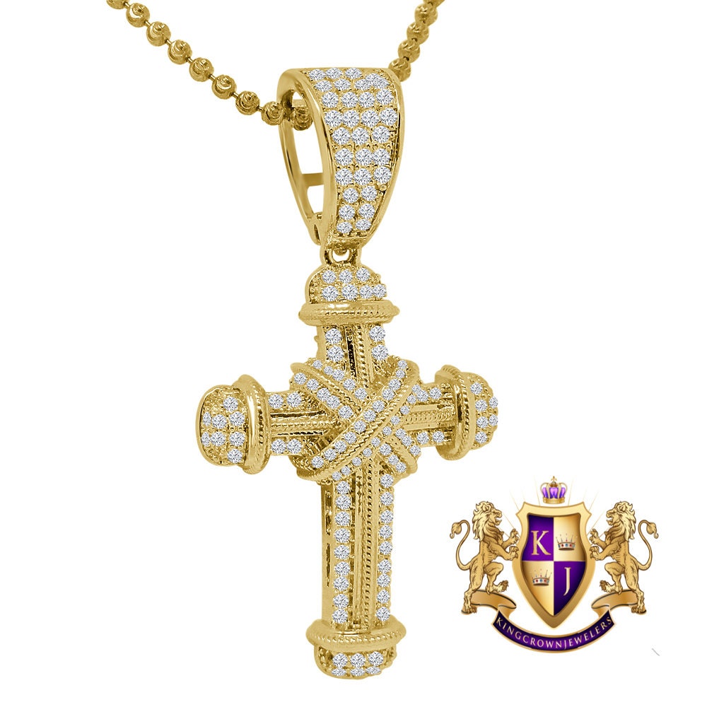 Real Genuine Sterling Silver 14K Gold Finish Simulated Diamond Holy Jesus Cross Charm Pendent Chain Set 2''