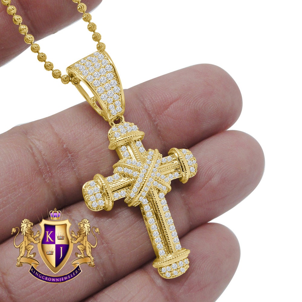 Real Genuine Sterling Silver 14K Gold Finish Simulated Diamond Holy Jesus Cross Charm Pendent Chain Set 2''