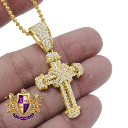Real Genuine Sterling Silver 14K Gold Finish Simulated Diamond Holy Jesus Cross Charm Pendent Chain Set 2''