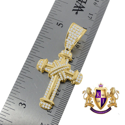 Real Genuine Sterling Silver 14K Gold Finish Simulated Diamond Holy Jesus Cross Charm Pendent Chain Set 2''