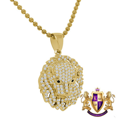 Men's 14K Gold Finish Simulated Diamond Lion Head Mini Charm Pendent Chain Set