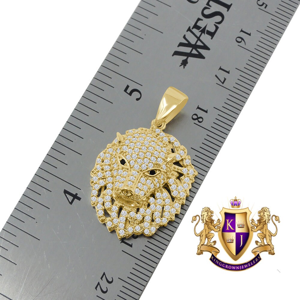 Men's 14K Gold Finish Simulated Diamond Lion Head Mini Charm Pendent Chain Set