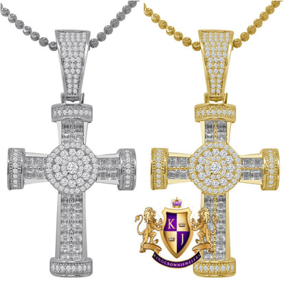 Baguette 14K Gold Finish Simulated Diamond Jesus Cross Men's Charm Pendent Chain Set