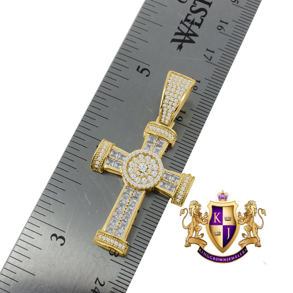 Baguette 14K Gold Finish Simulated Diamond Jesus Cross Men's Charm Pendent Chain Set
