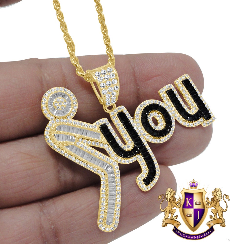 Baguette 14K Gold Finish Simulated Diamonds Men's Custom Designers Charm Pendent Chain Set