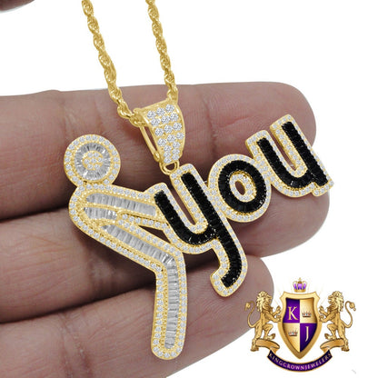 Baguette 14K Gold Finish Simulated Diamonds Men's Custom Designers Charm Pendent Chain Set