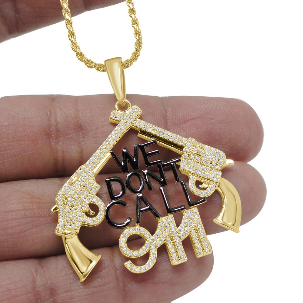 Custom Piece 14K Gold Finish "WE DONT CALL 911 " Men's Pendent Charm + Rope Chain