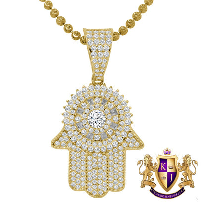 Men's 14K Gold Finish Simulated Diamond Hamsa Hand Jewish Religious Charm Mini Pendent Chain Set