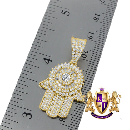 Men's 14K Gold Finish Simulated Diamond Hamsa Hand Jewish Religious Charm Mini Pendent Chain Set