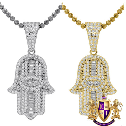 Unisex 14K Gold Finish Simulated Diamond Hamsa Hand Jewish Religious Charm Mini Pendent Chain Set