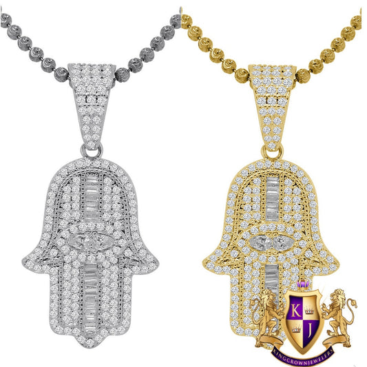 Unisex 14K Gold Finish Simulated Diamond Hamsa Hand Jewish Religious Charm Mini Pendent Chain Set