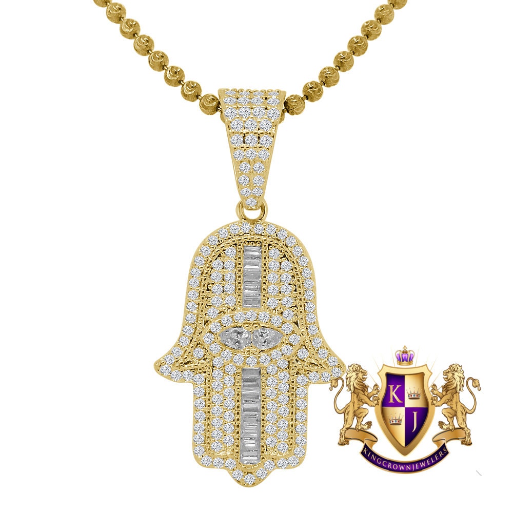 Unisex 14K Gold Finish Simulated Diamond Hamsa Hand Jewish Religious Charm Mini Pendent Chain Set
