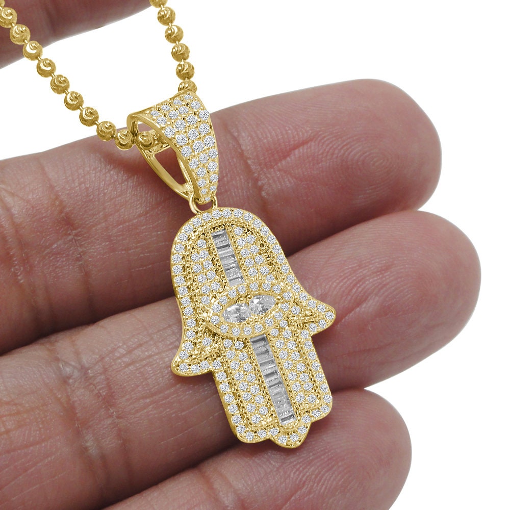 Unisex 14K Gold Finish Simulated Diamond Hamsa Hand Jewish Religious Charm Mini Pendent Chain Set