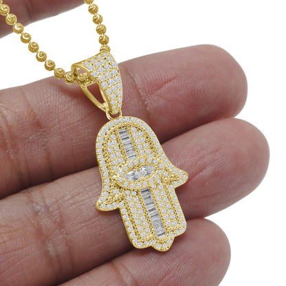 Unisex 14K Gold Finish Simulated Diamond Hamsa Hand Jewish Religious Charm Mini Pendent Chain Set