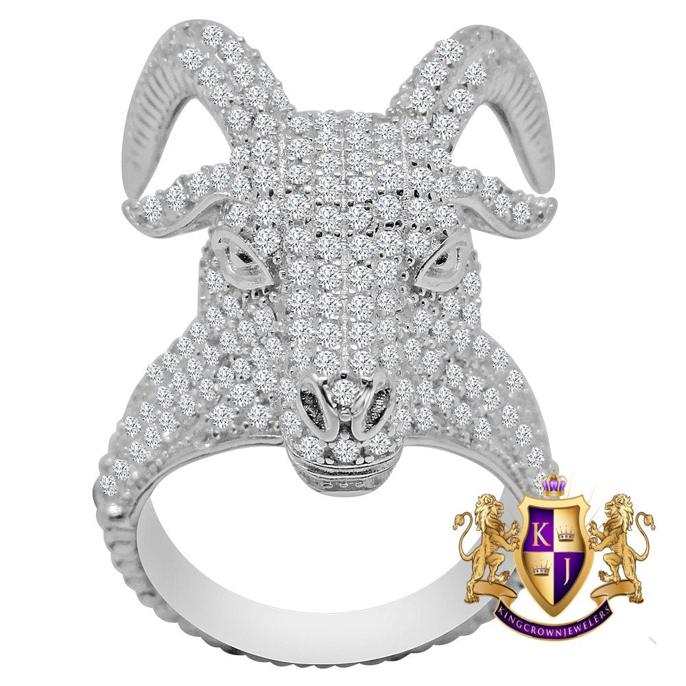 Mens 10K White Gold On Genuine Sterling Silver Simulated Diamond Buffalo Bull Head Pinky Ring Band