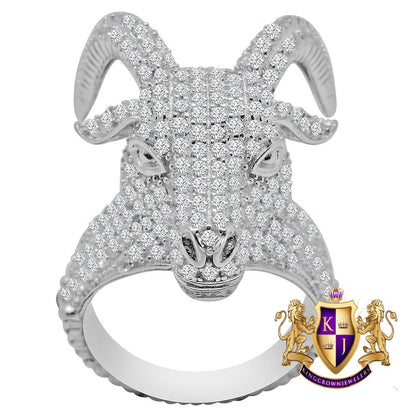 Mens 10K White Gold On Genuine Sterling Silver Simulated Diamond Buffalo Bull Head Pinky Ring Band
