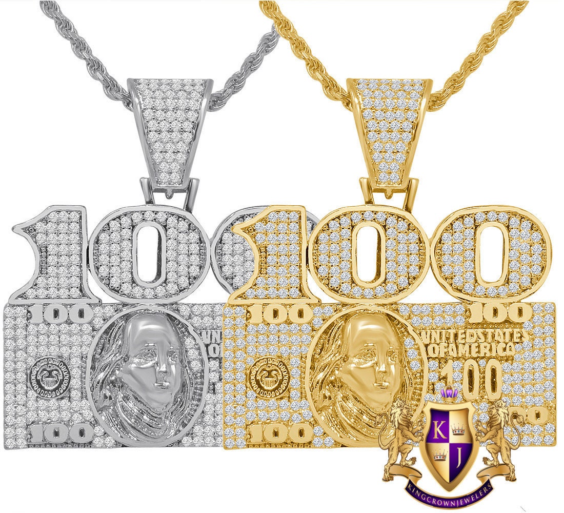 Custom Piece 14K Gold Finish Money Cash 100 Dollar Bill Men's Pendent Charm + Rope Chain