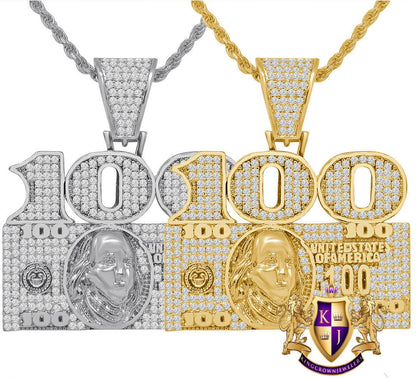 Custom Piece 14K Gold Finish Money Cash 100 Dollar Bill Men's Pendent Charm + Rope Chain