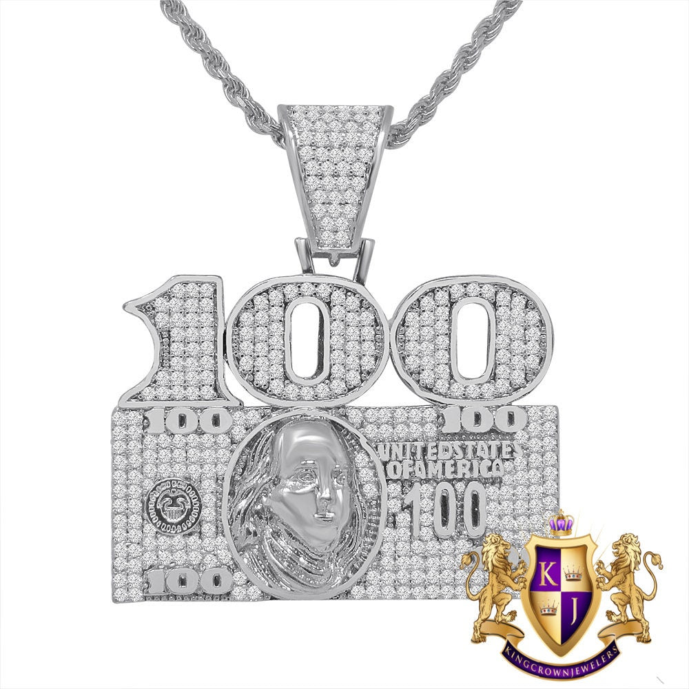 Custom Piece 14K Gold Finish Money Cash 100 Dollar Bill Men's Pendent Charm + Rope Chain
