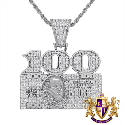 Custom Piece 14K Gold Finish Money Cash 100 Dollar Bill Men's Pendent Charm + Rope Chain