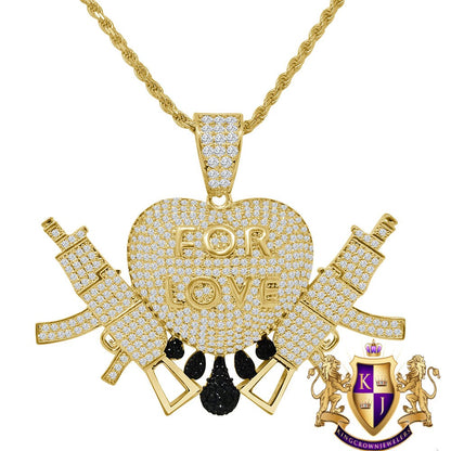 14K Yellow Gold Finish Simulated Diamond "Heart Love For "Custom Pendent Charm Rope Chain Set