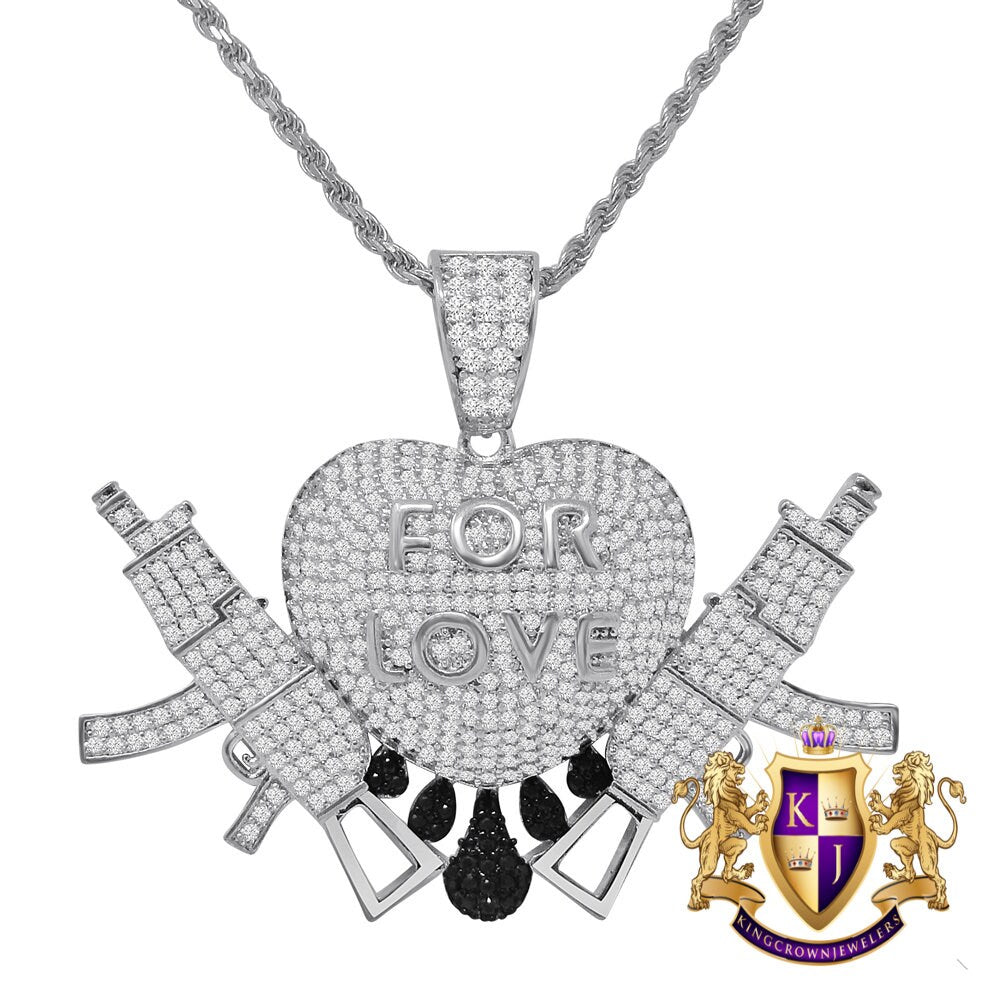 14K Yellow Gold Finish Simulated Diamond "Heart Love For "Custom Pendent Charm Rope Chain Set