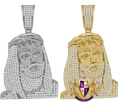 14K Yellow Gold Finish Simulated Diamond Jesus Face Piece Charm Pendant 2''
