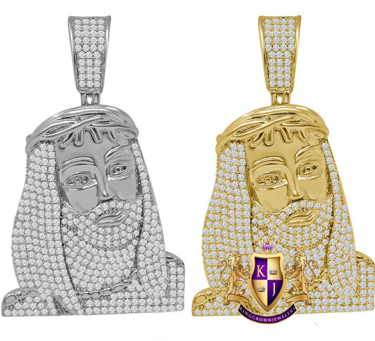 14K Yellow Gold Finish Simulated Diamond Jesus Face Piece Charm Pendant 2''