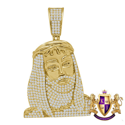 14K Yellow Gold Finish Simulated Diamond Jesus Face Piece Charm Pendant 2''