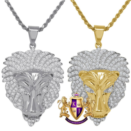 14K Yellow Gold Finish Simulated Diamond Lion Head Pendent Charm Rope Chain Set