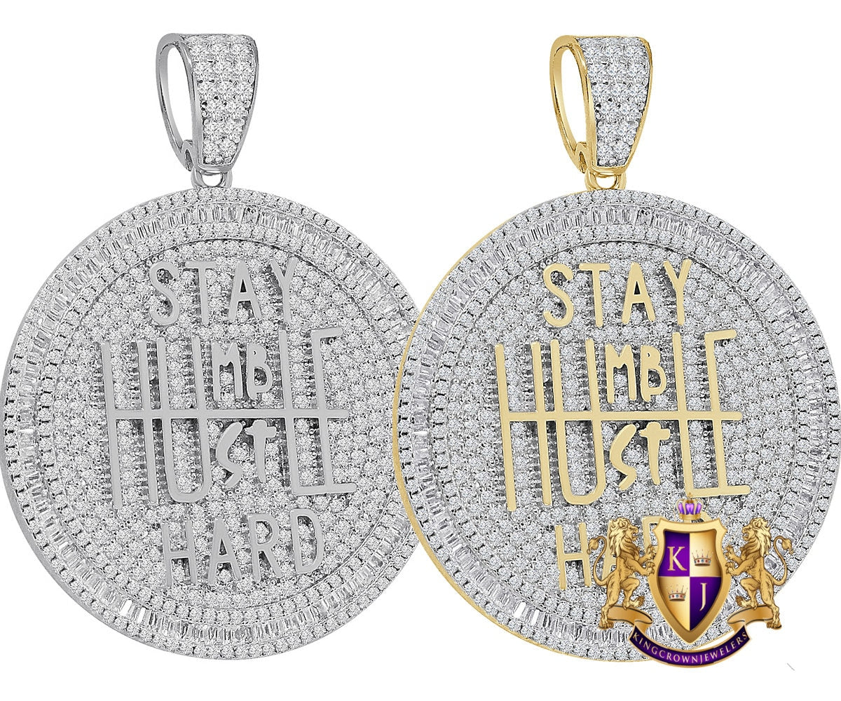 Real Genuine Sterling Silver Stay Humble Hustle Hard Grind Baguette Circle Custom Pendant Charm 2''